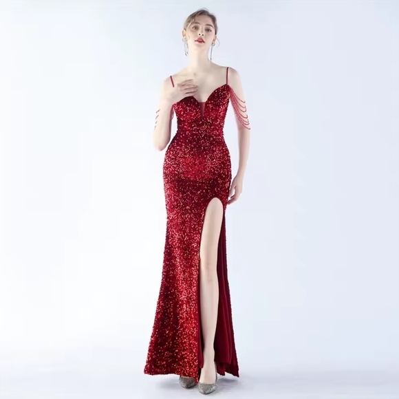 Red Sequin Backless Gown with Sweetheart Neckline - Picture 5 of 12